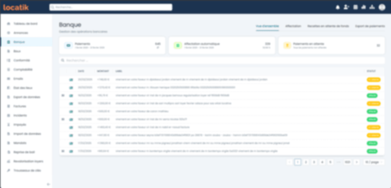 Interface du logiciel Locatik montrant le tableau de bord de gestion locative
