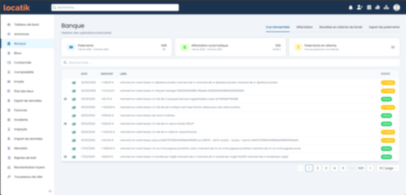 Interface du logiciel Locatik montrant le tableau de bord de gestion locative