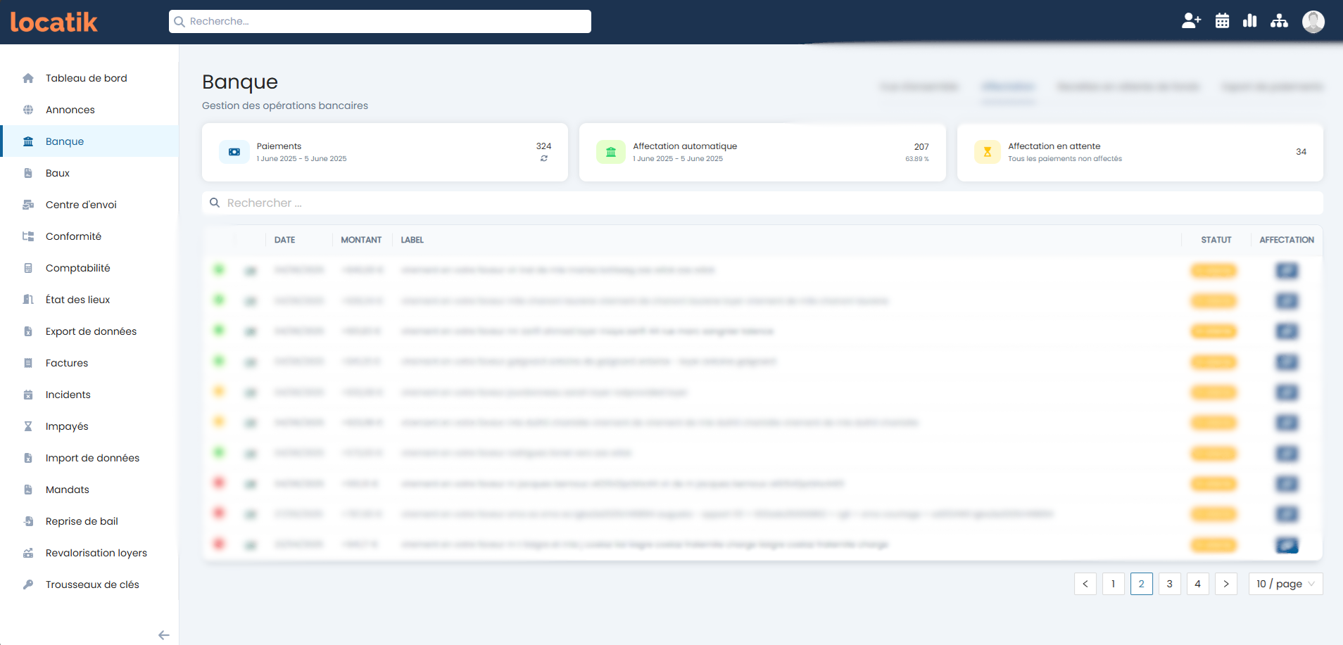 Interface du logiciel Locatik — modules location, comptabilité et conformité